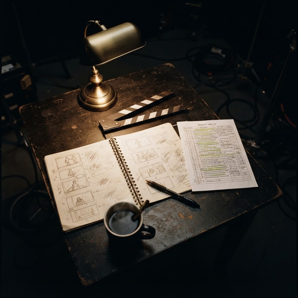 Cinematic overhead shot of a film production planning table with a clapperboard and storyboard in a dark studio