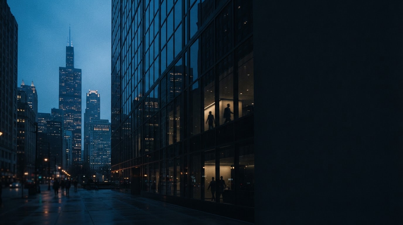 Chicago skyline reflected in glass at blue hour