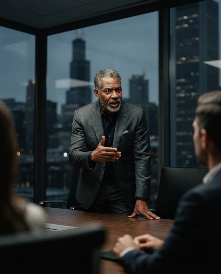 Executive speaking with conviction in a modern boardroom