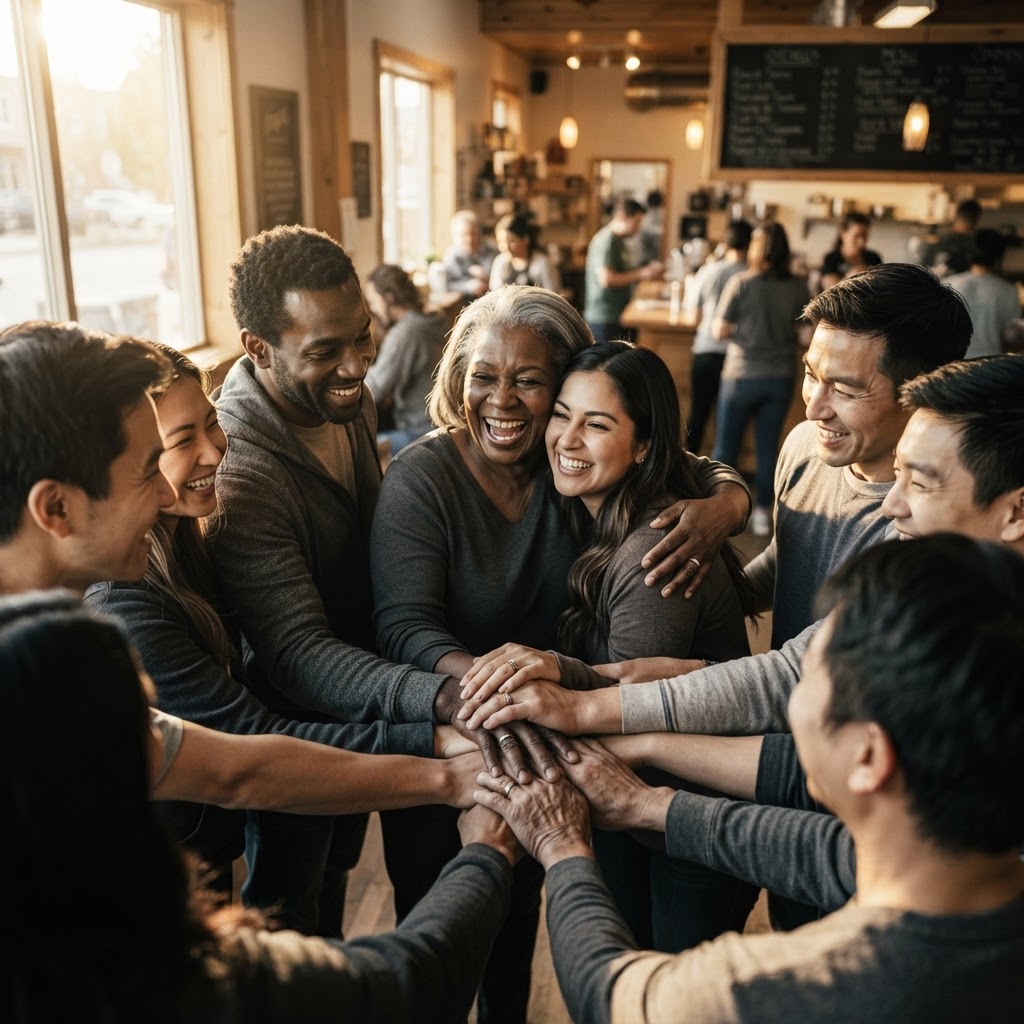 Cinematic image of nonprofit volunteers and community members connecting in a sunlit community center