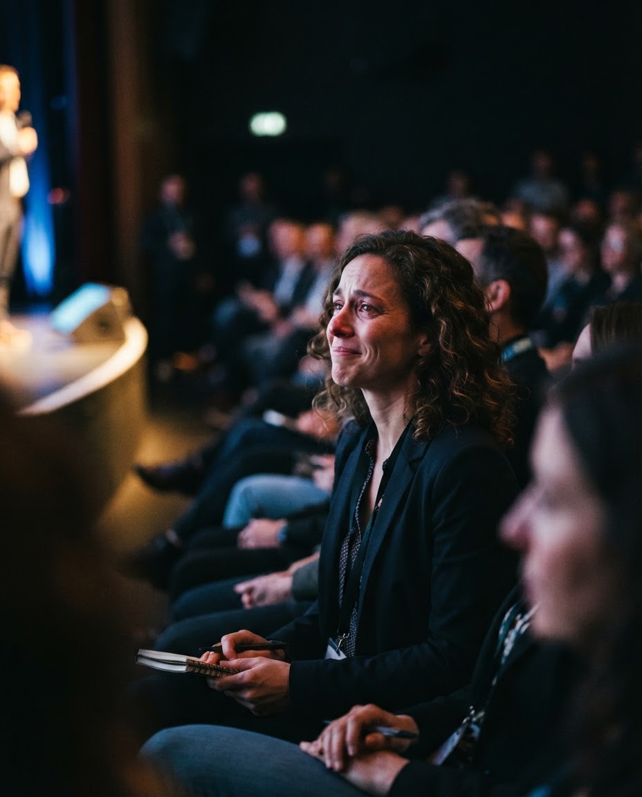 Conference attendee reacting to an inspiring presentation