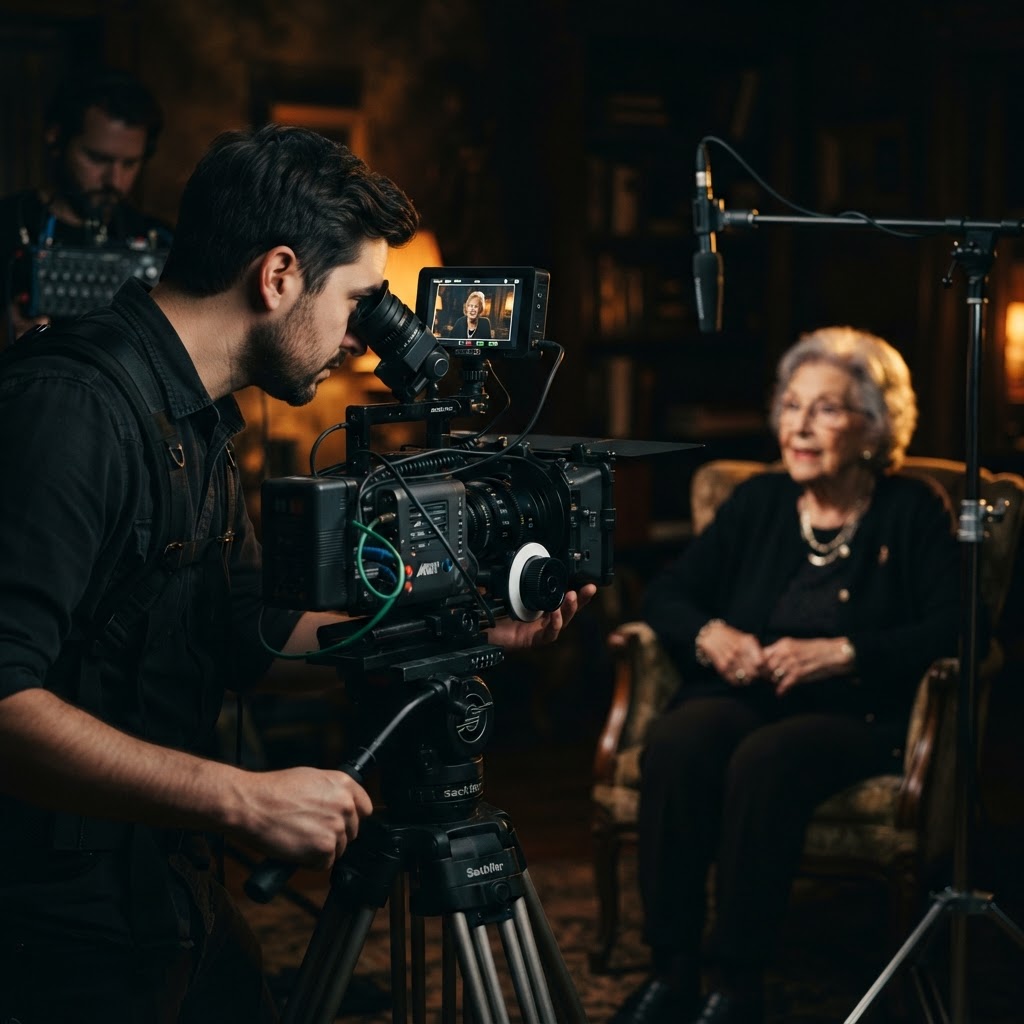 Behind-the-scenes cinematic video production set with a camera operator filming a documentary interview in moody golden lighting