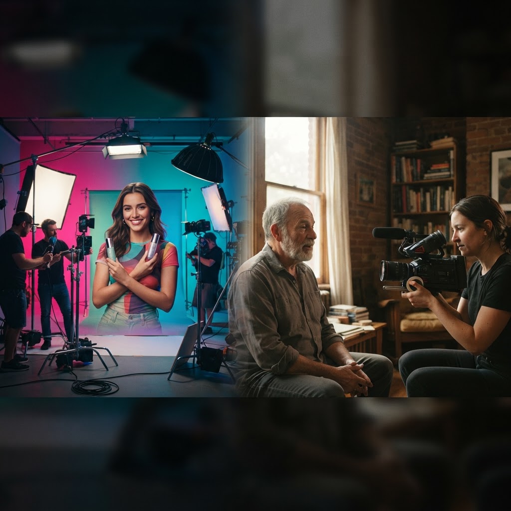 Cinematic split composition contrasting a polished commercial set with a documentary interview scene