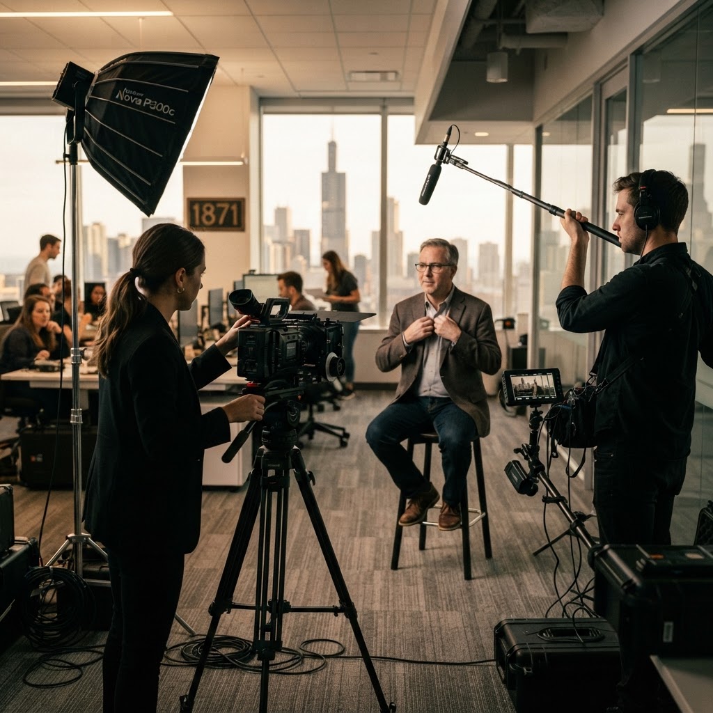 Cinematic documentary image of a video production crew setting up an interview with professional camera, lighting, and boom microphone in a Chicago office
