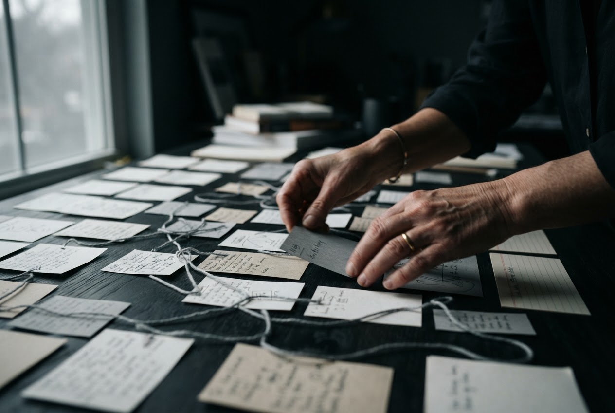 Hands arranging a documentary story map
