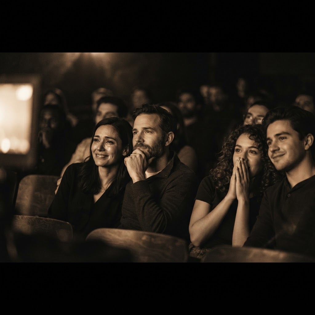 Cinematic image of an attentive audience emotionally engaged by a story in a darkened space