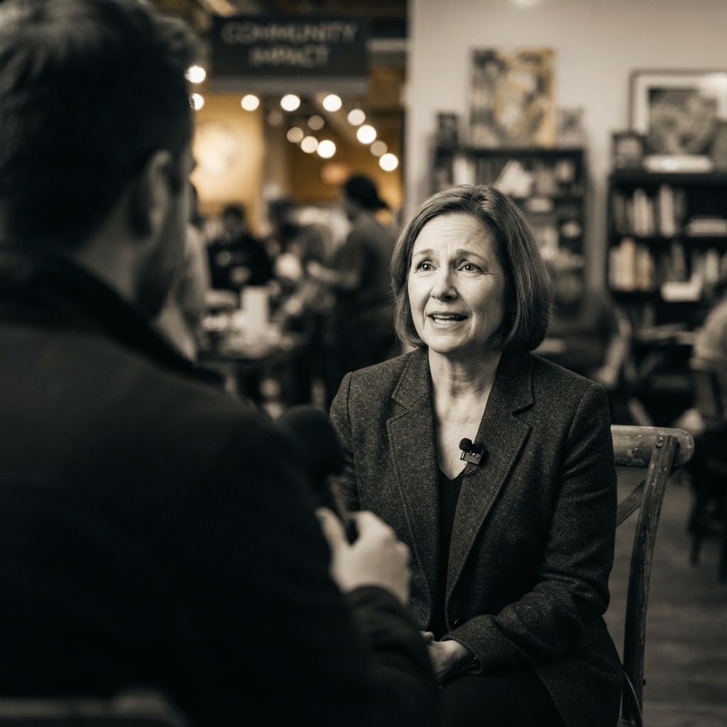 Cinematic documentary image of a donor being interviewed on camera in a warm nonprofit setting