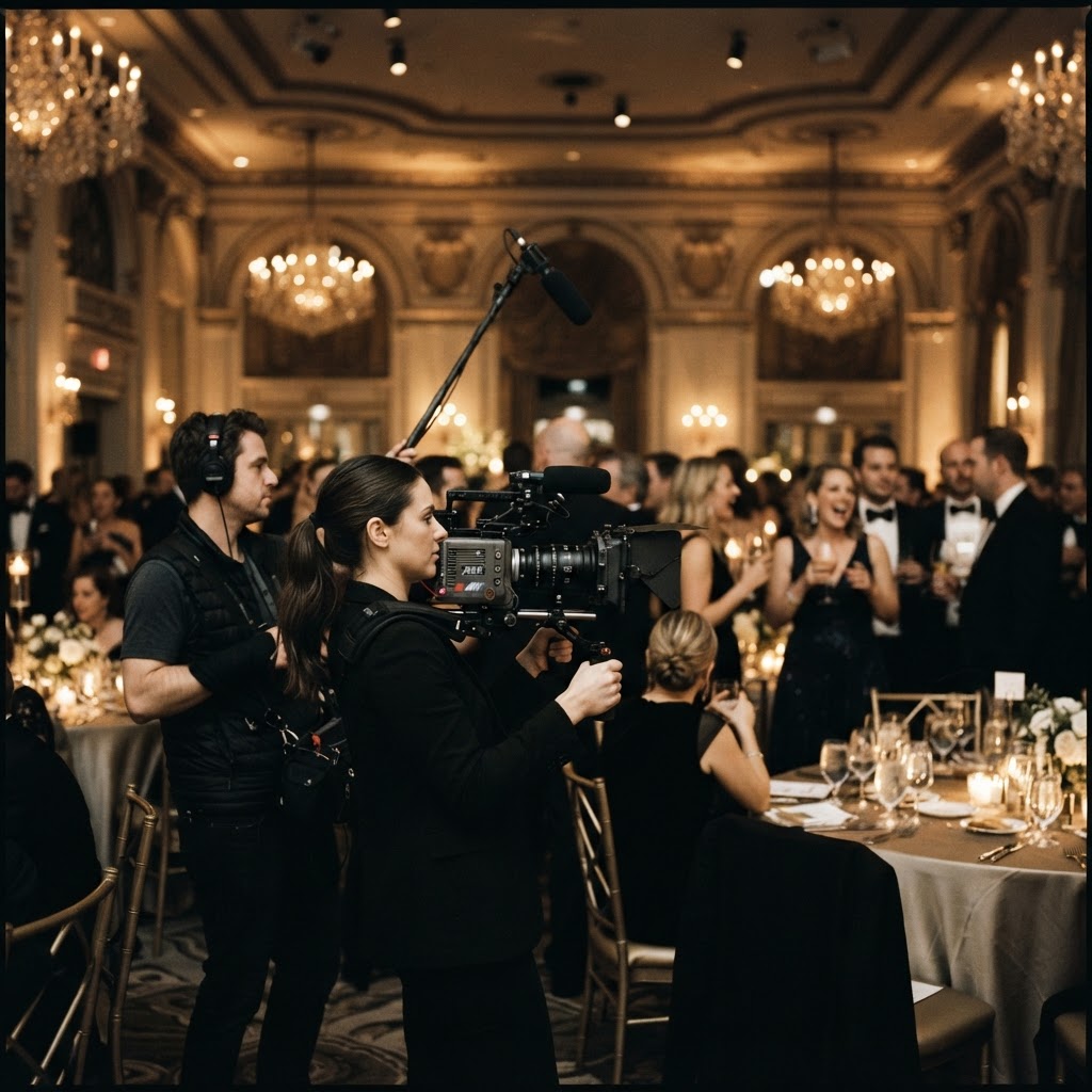 Cinematic documentary image of a nonprofit gala event with a camera crew filming guests mingling at candlelit tables