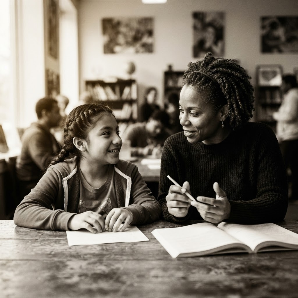 Cinematic documentary image of a nonprofit mentor and student connecting in a warm community space