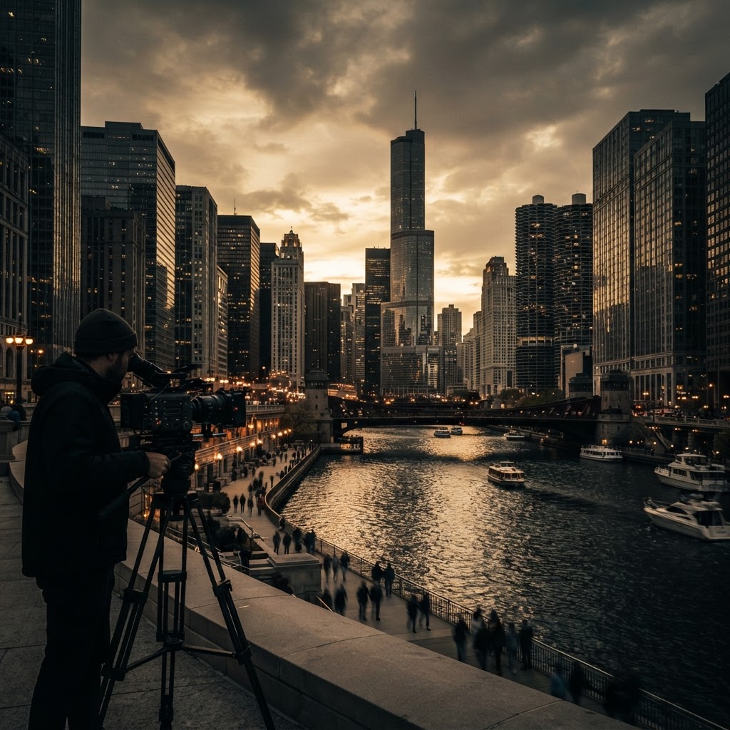 Cinematic golden hour shot of the Chicago skyline and Riverwalk with a filmmaker operating a camera in the foreground
