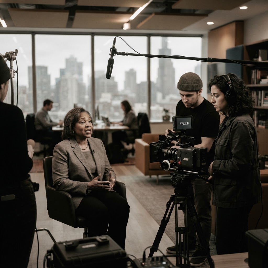 Brookssmedia video production team filming a corporate interview in a softly lit Chicago office, capturing authentic documentary-style storytelling
