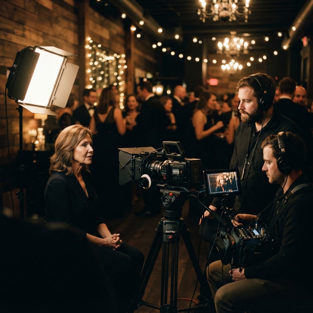 Cinematic behind-the-scenes image of a documentary crew filming a fundraising gala interview in a softly lit nonprofit space