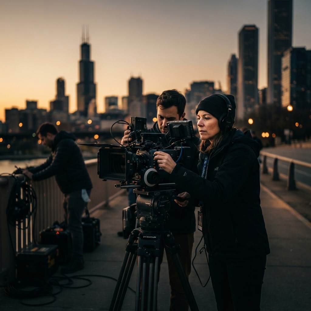 Cinematic documentary image of a Chicago video production crew filming on location with the skyline in the background at golden hour
