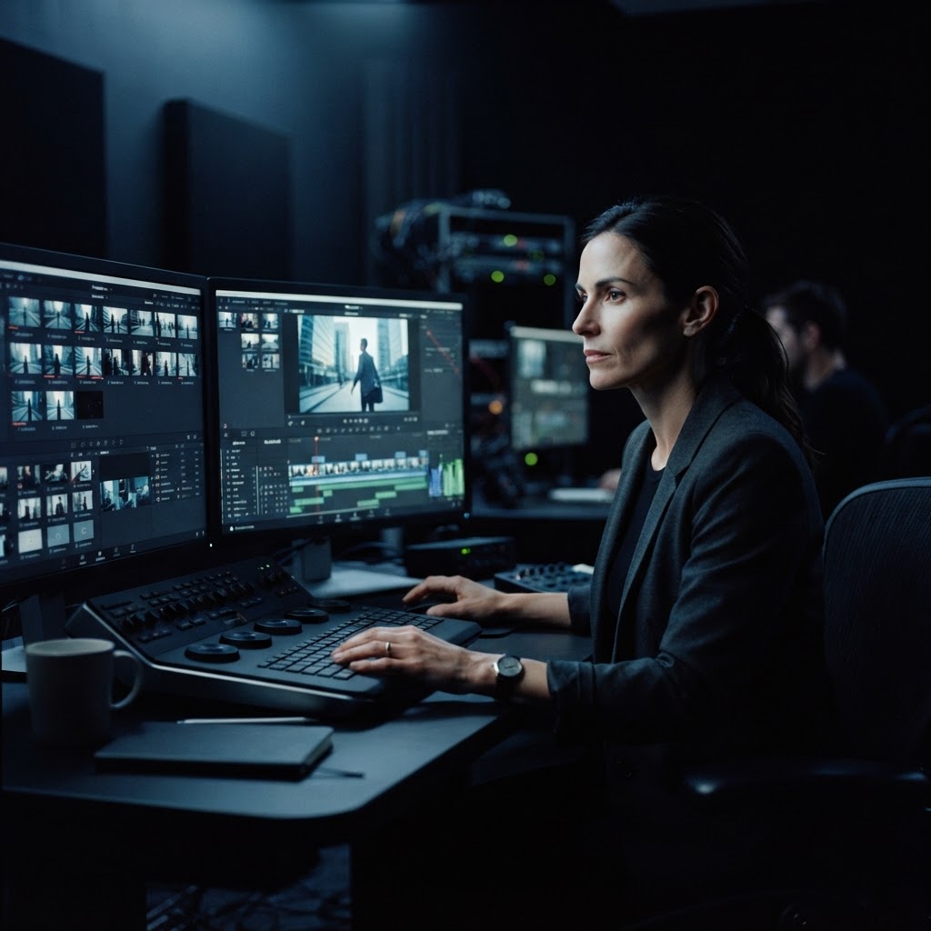 Cinematic image of a marketing director reviewing video content on multiple monitors in a dark edit suite