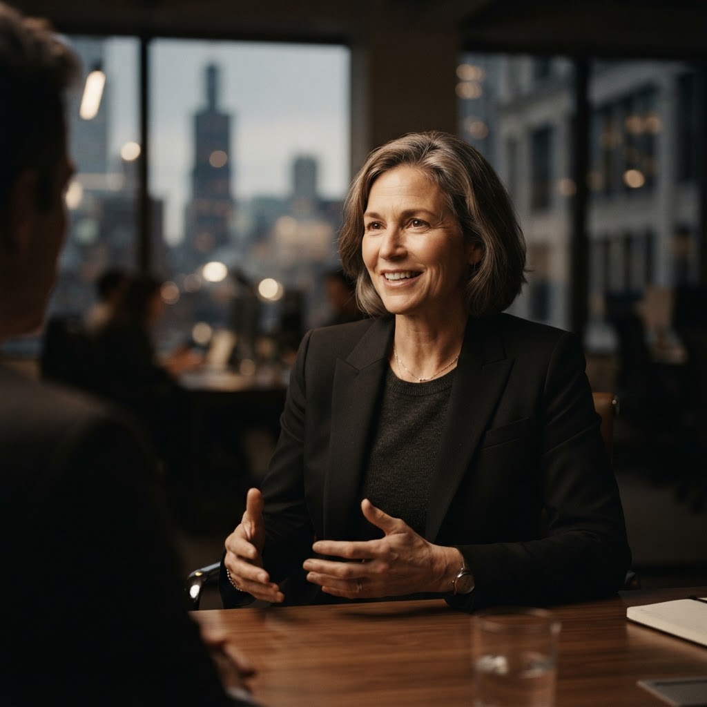 Cinematic portrait of a confident CEO mid-conversation during a documentary-style on-camera interview in a Chicago office