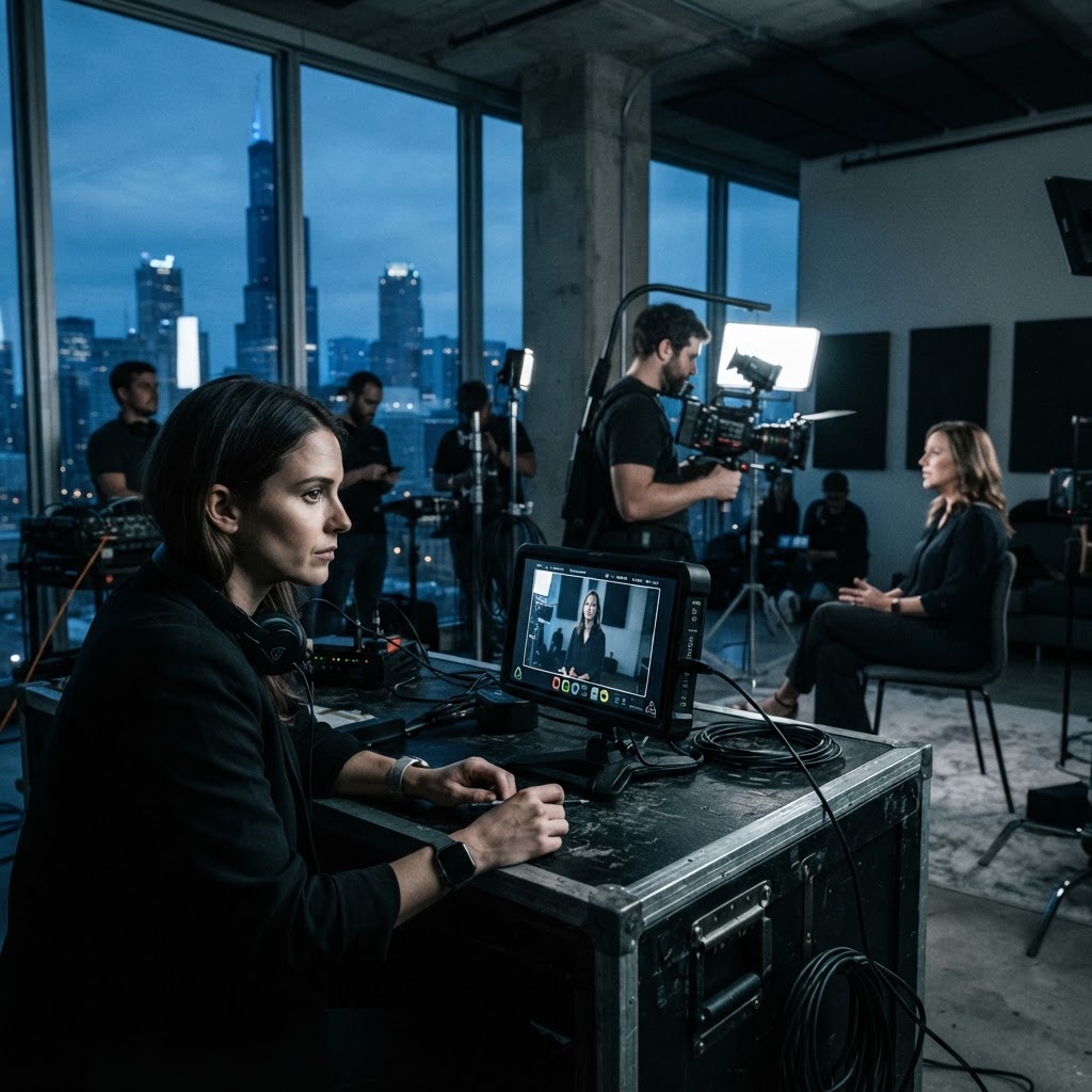 Cinematic documentary image of a modern Chicago video production set in 2026 with a crew filming an interview and the skyline at blue hour