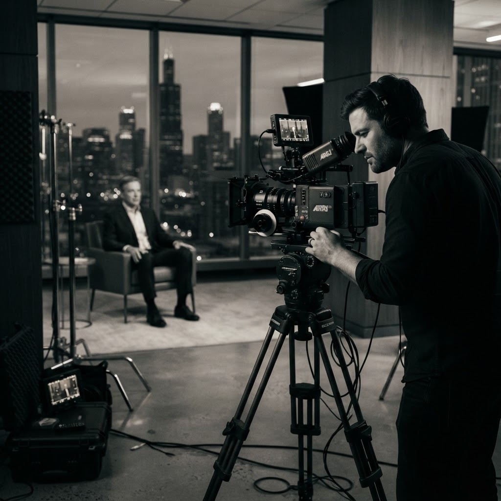 Cinematic behind-the-scenes of a corporate video production set in a Chicago office with an executive interview in progress