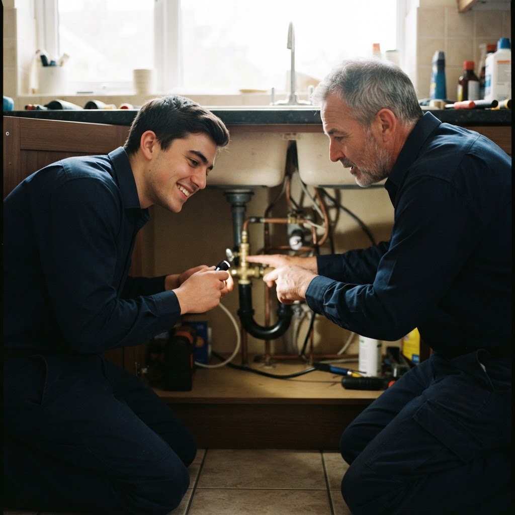 Plumbing apprentice learning from a journeyman