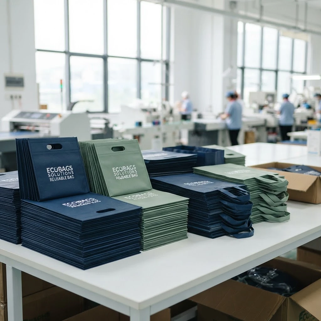 Stacked nonwoven reusable bags on a production table