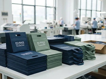 Stacked nonwoven reusable bags on a production table