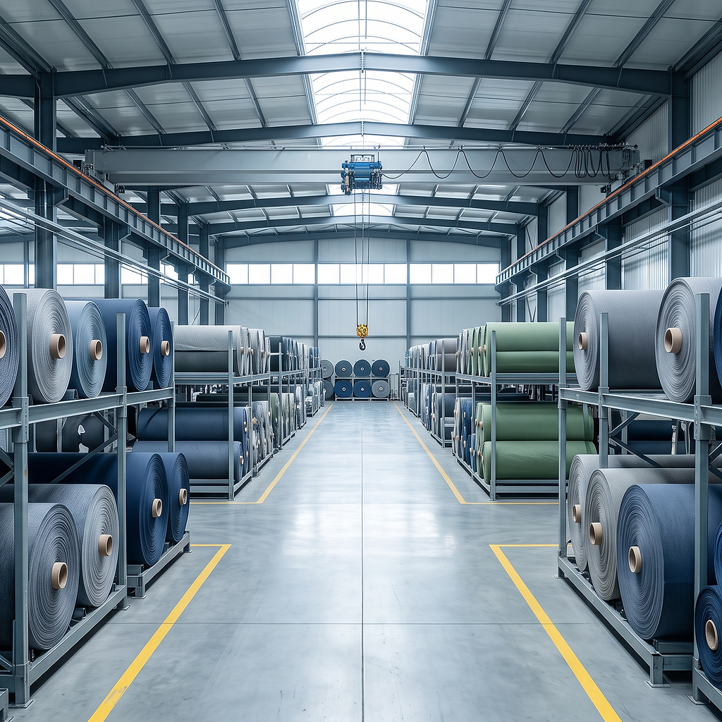 Rows of nonwoven fabric rolls stored in a bright manufacturing warehouse