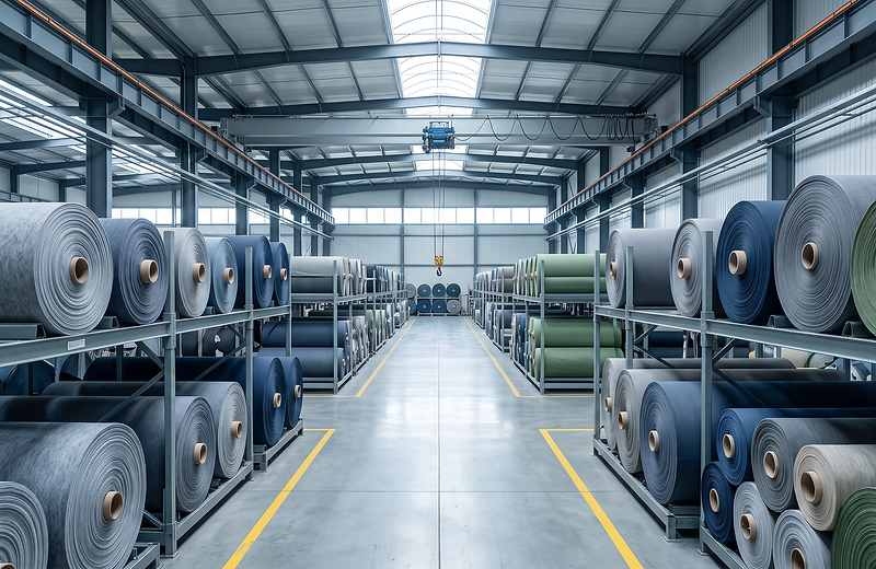 Rows of nonwoven fabric rolls stored in a bright manufacturing warehouse