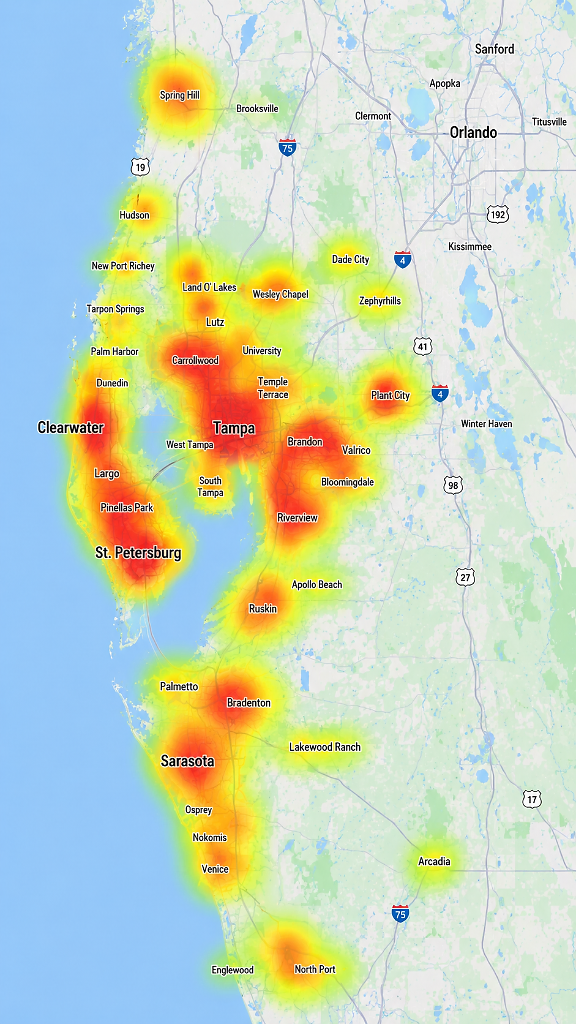 Suncoast Power Solutions service area heat map for mobile - generator coverage across Tampa Bay and Sarasota