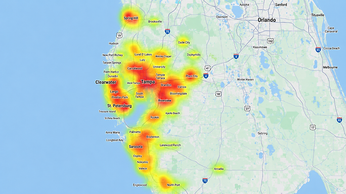 Suncoast Power Solutions service area heat map showing generator installations across Tampa Bay, St. Petersburg, Clearwater, and Sarasota