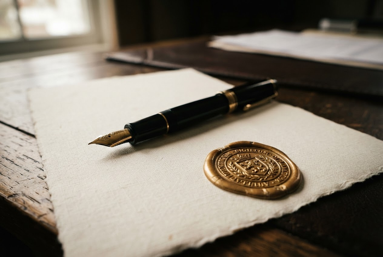 Fountain pen resting on a document with a golden seal