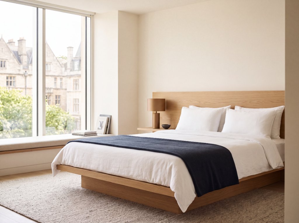 Stijlvolle hotelkamer met bed en uitzicht op een normale Gentse straat