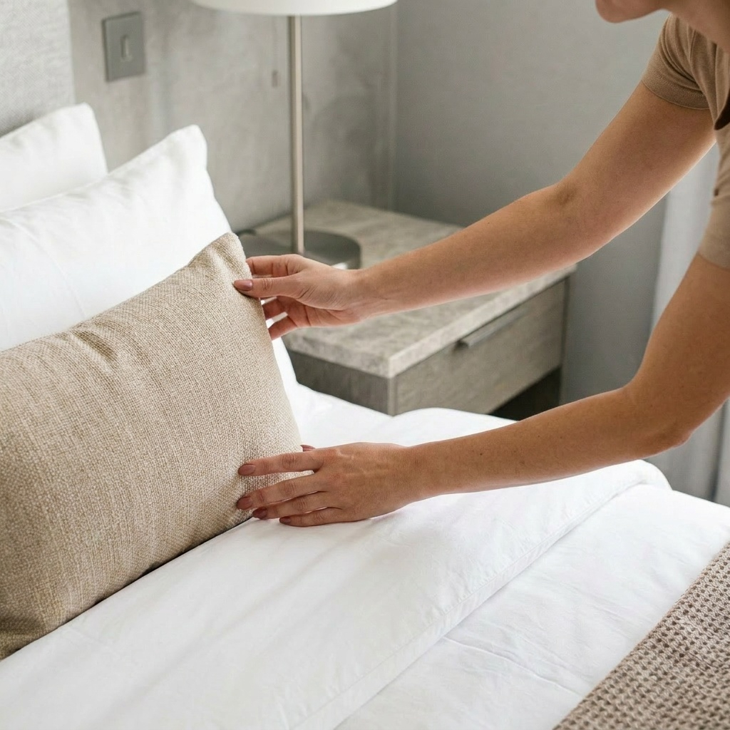 Net opgemaakt bed en verzorgde badkamer na een grondige schoonmaakbeurt