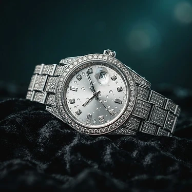 Iced out luxury watch with diamond bezel on black velvet