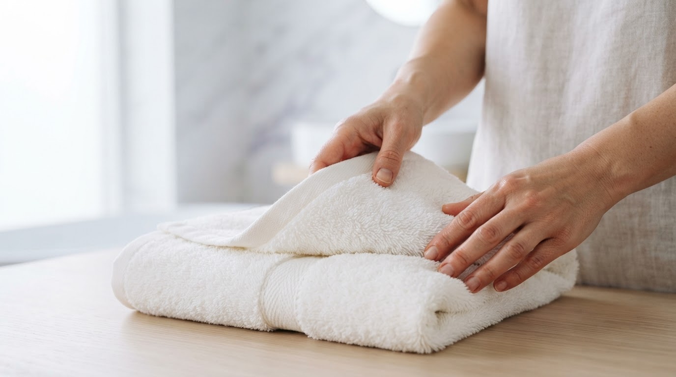 Hands gently folding a soft white towel