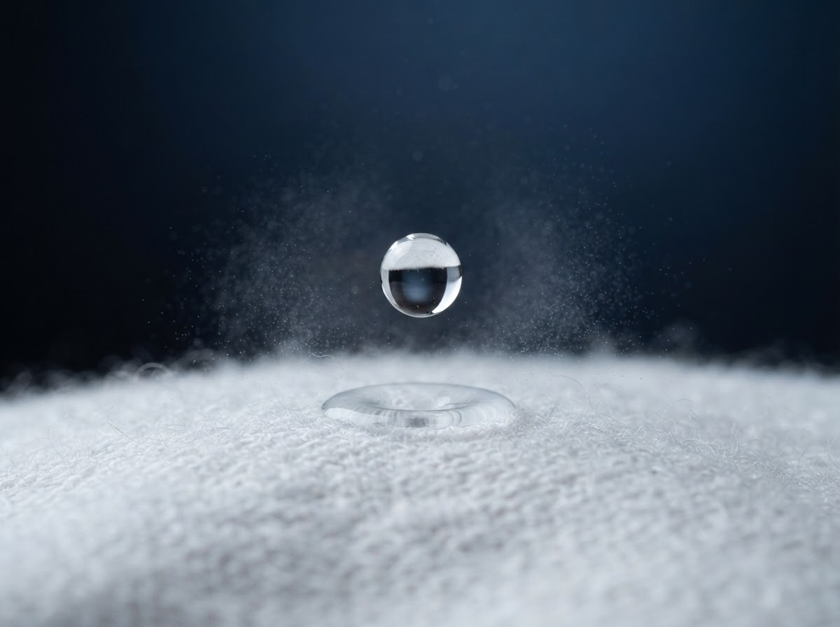 Water droplet suspended above pristine fabric