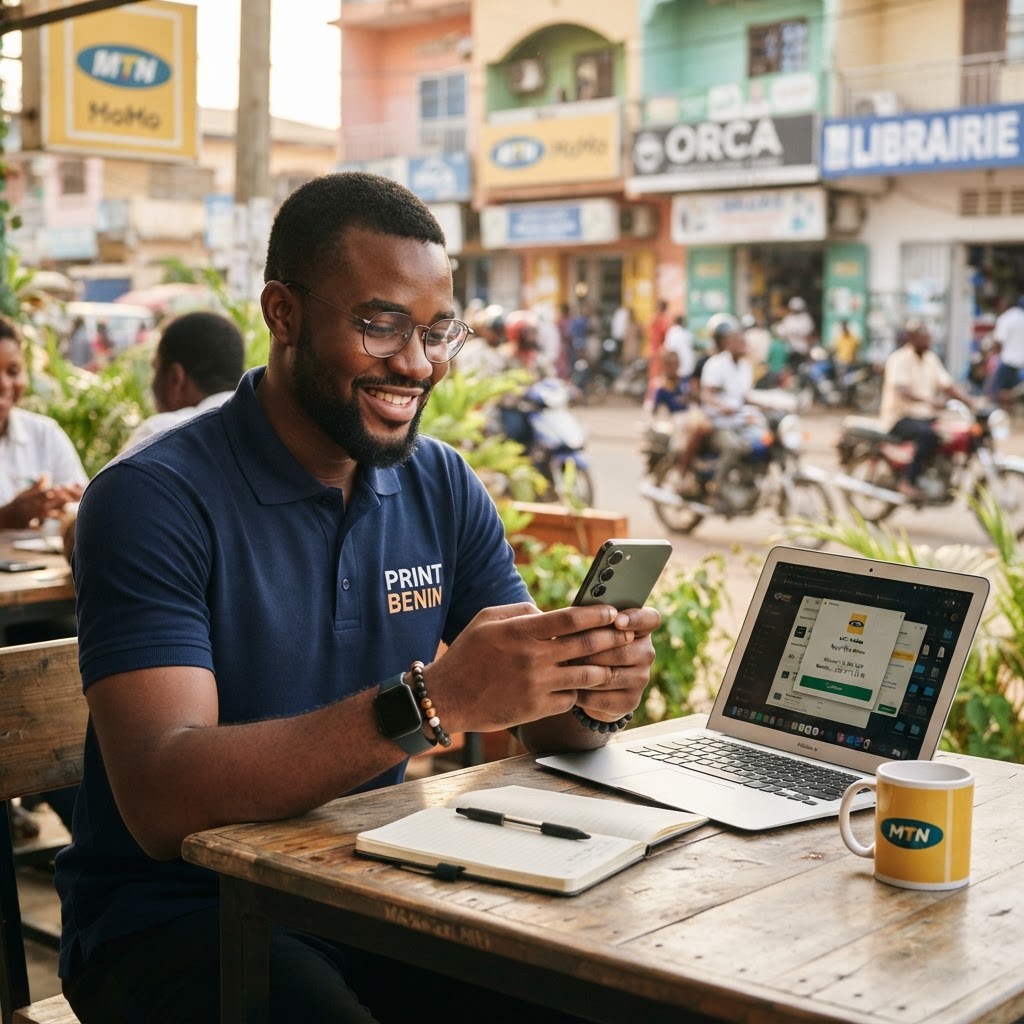 Un entrepreneur béninois configure sa commande d'impression sur smartphone et paie par Mobile Money