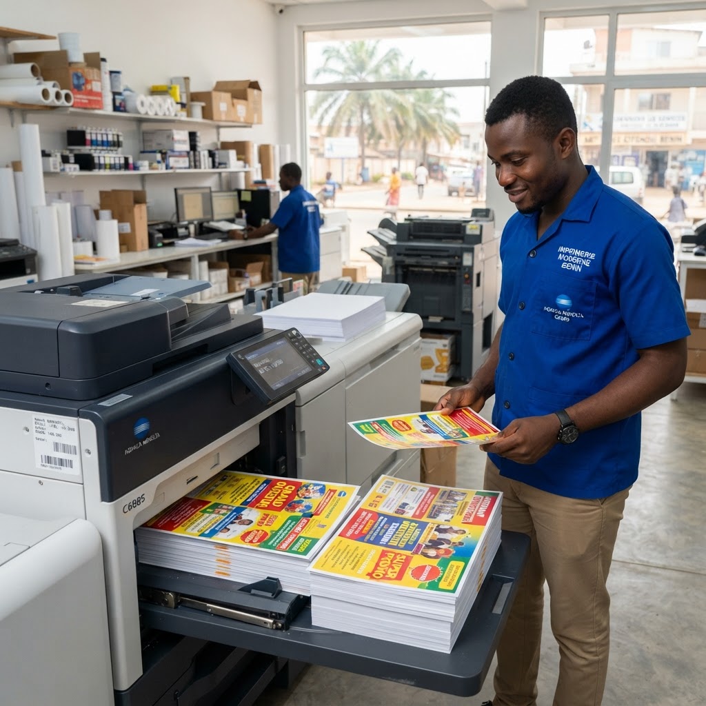 Machine d'impression numérique en action dans une imprimerie moderne à Cotonou