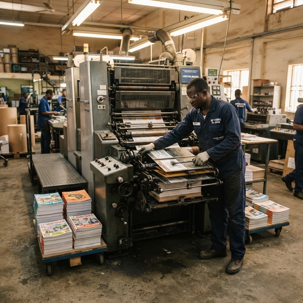 Presse offset industrielle avec plaques métalliques dans une imprimerie béninoise