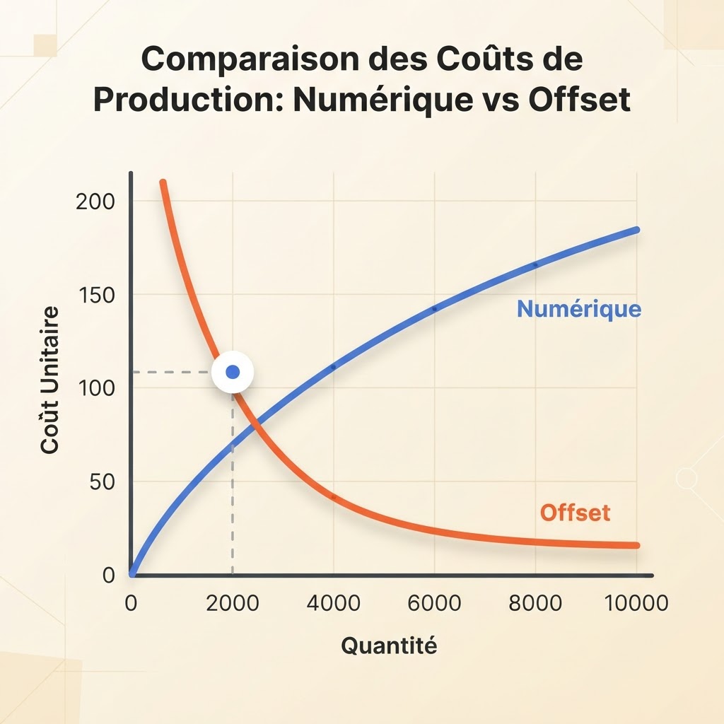 Courbe de rentabilité : le numérique est rentable au début, l'offset au-delà de 2000 exemplaires