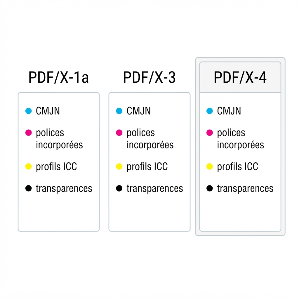 Schéma comparatif des trois formats PDF/X-1a, PDF/X-3 et PDF/X-4 avec leurs caractéristiques