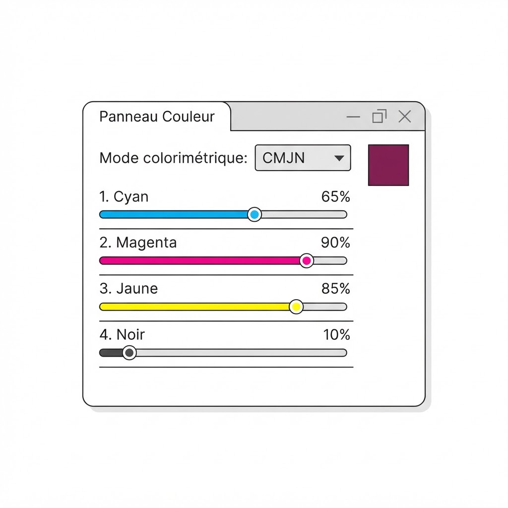 Schéma montrant où se trouve le réglage du mode colorimétrique CMJN dans une fenêtre type logiciel de PAO