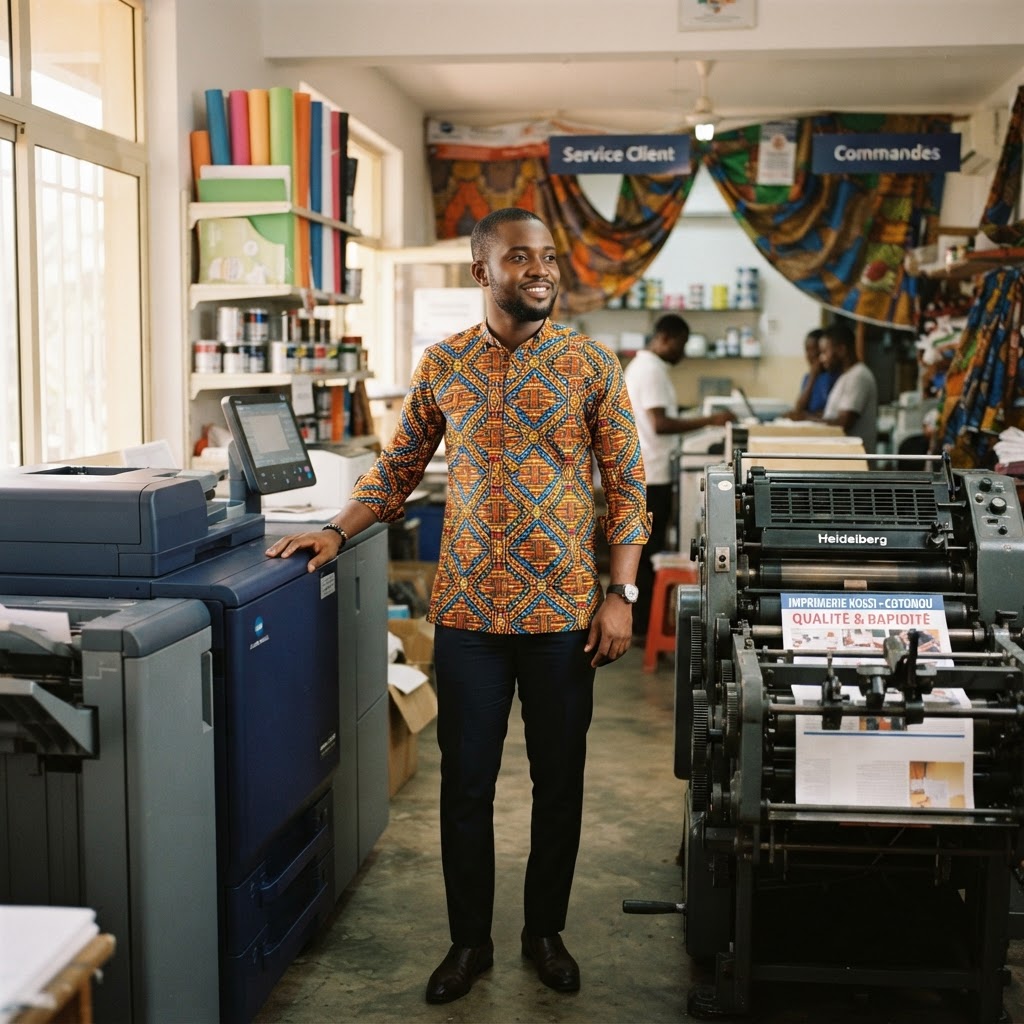 Un professionnel béninois réfléchit entre impression numérique et offset dans son imprimerie à Cotonou