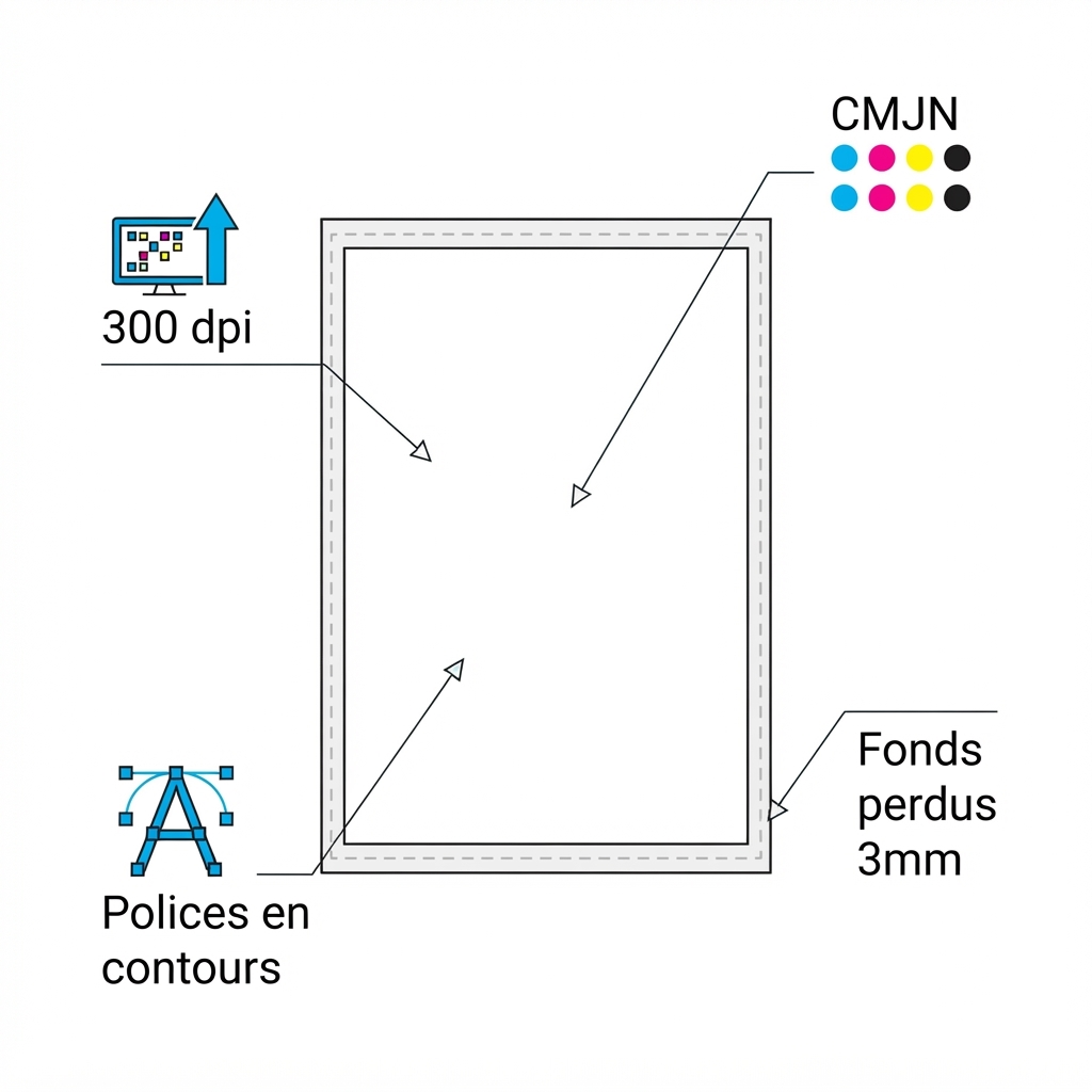 Planche technique annotée : zone de fond perdu 3 mm, résolution 300 dpi, profil CMJN, polices en contours