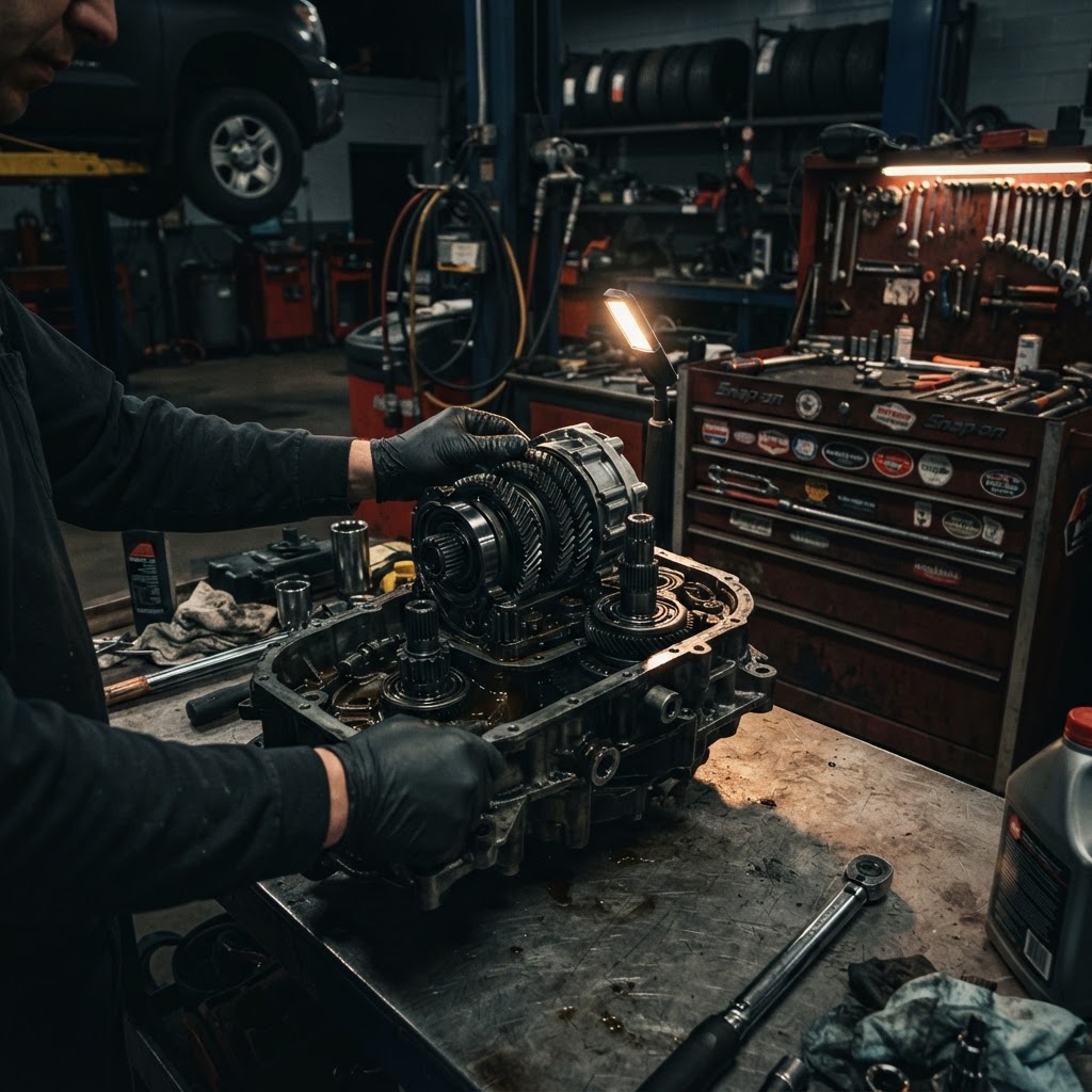 Close-up of an open automotive transfer case showing a new transmission module being installed
