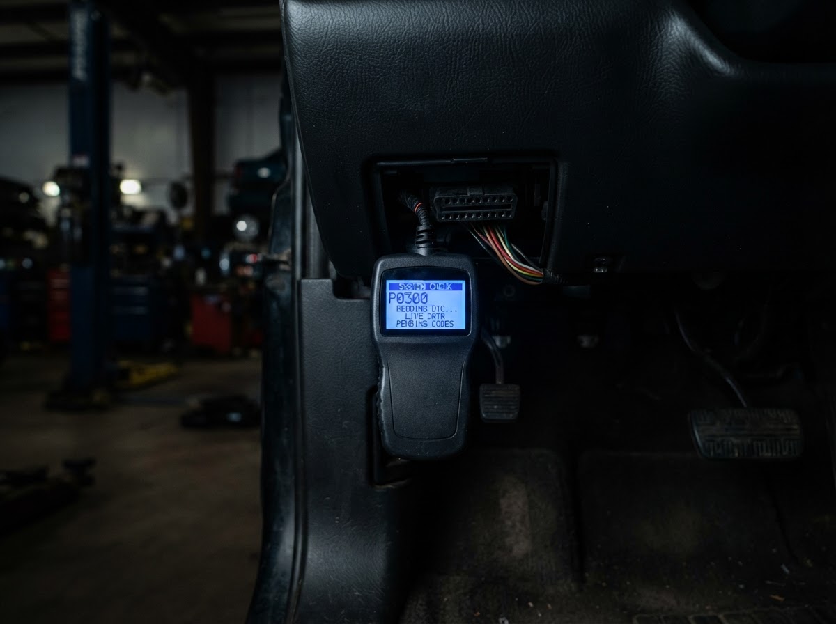 OBD scan tool plugged into a vehicle diagnostic port with screen glowing