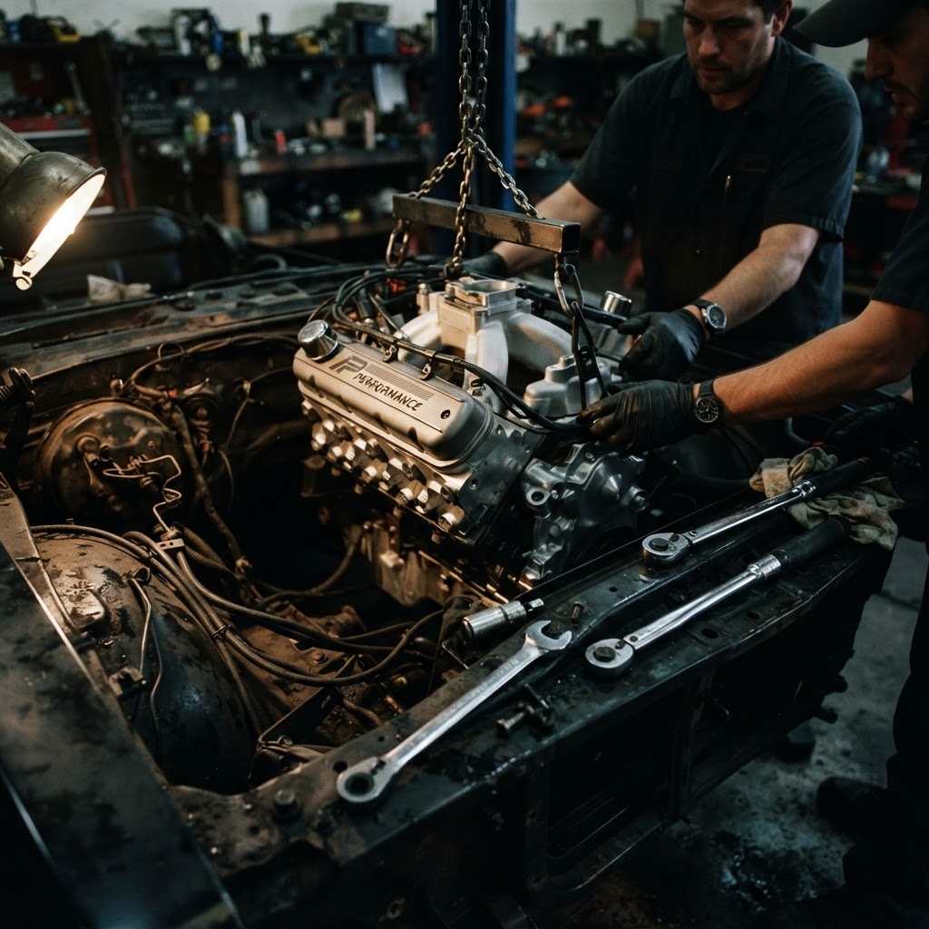 Close-up of a brand new engine being installed into a car engine bay with wrench and tools
