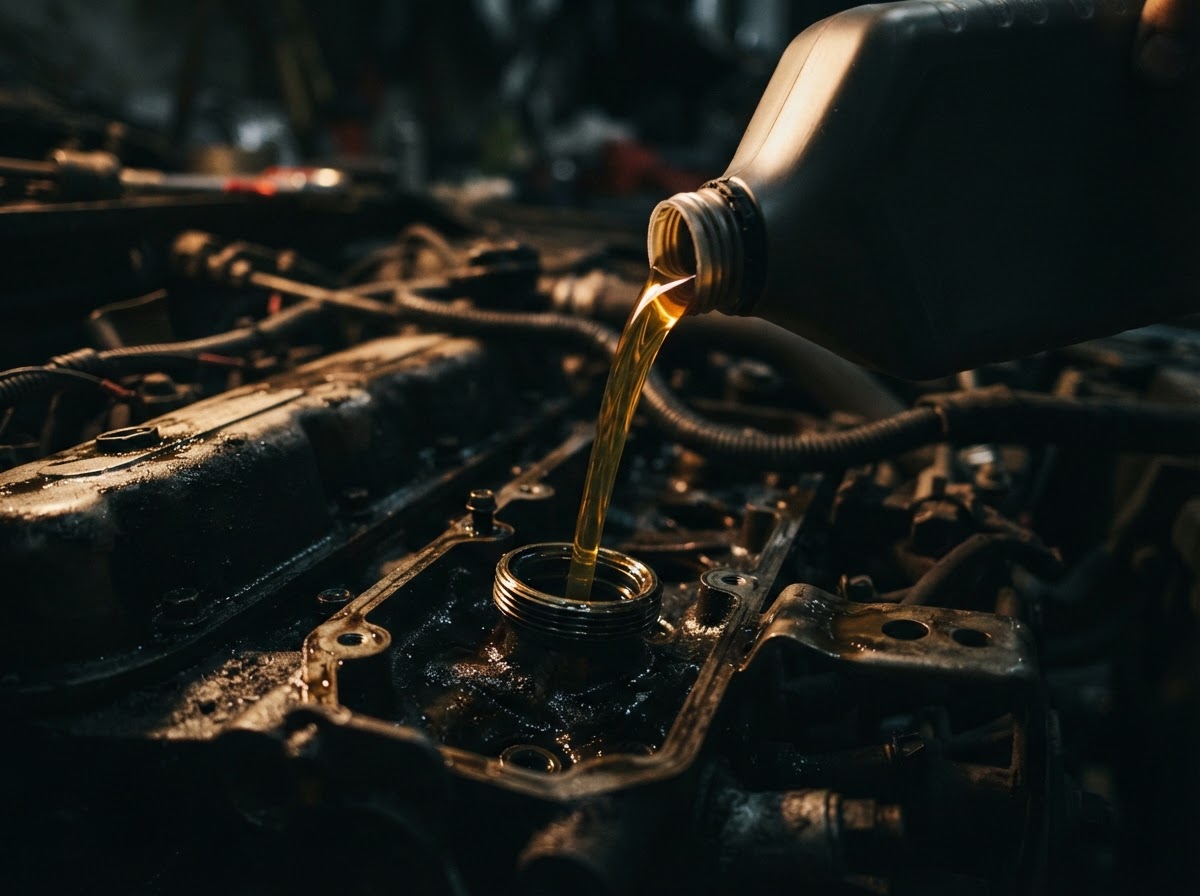 Golden motor oil pouring from a bottle into an engine in a dark moody background