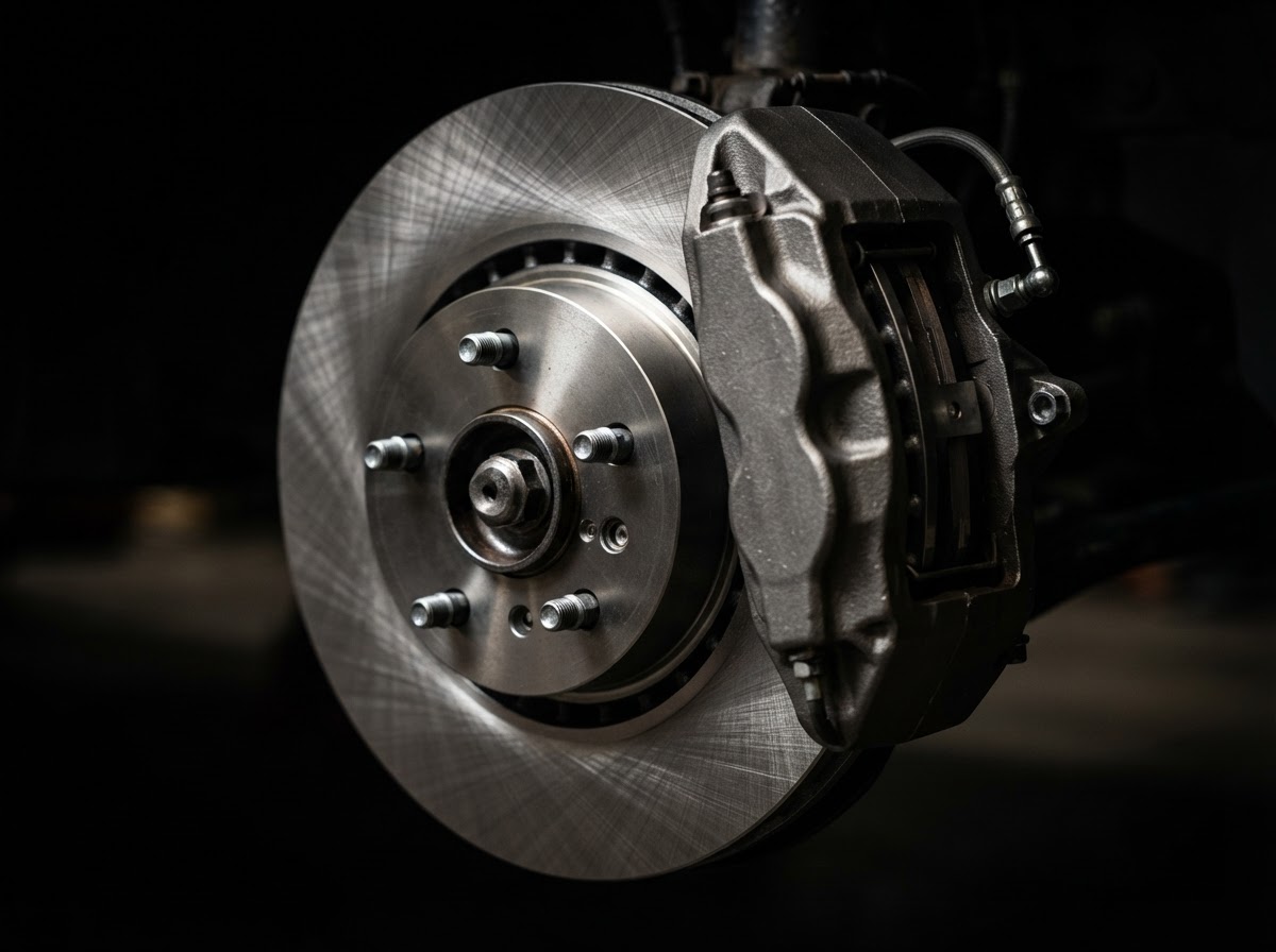 Close-up of a new brake rotor and caliper assembly with dramatic lighting
