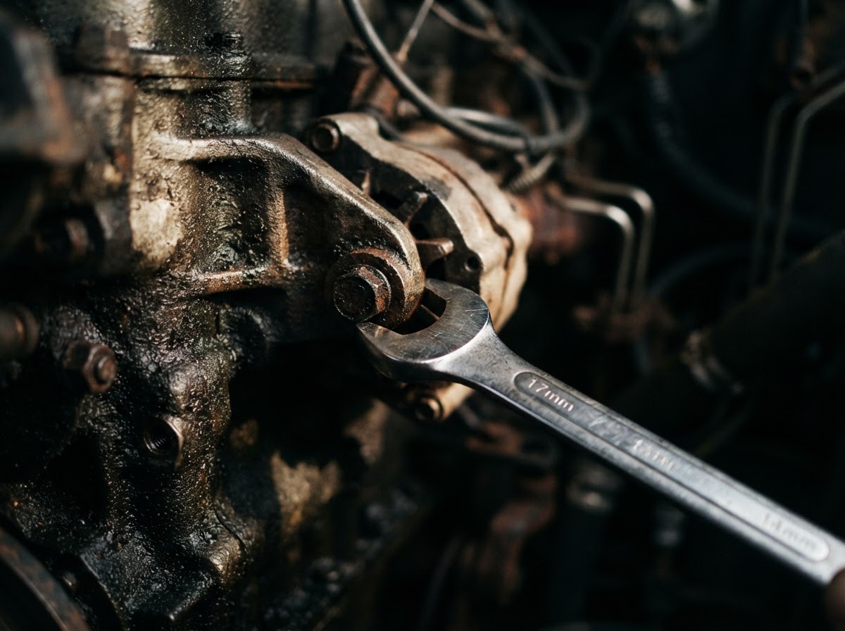 Close-up of an engine bay with a wrench on a bolt in dramatic side lighting