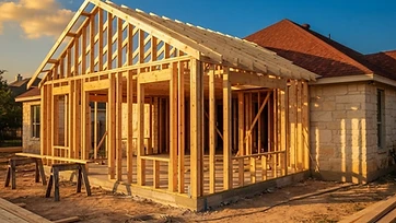 Fresh lumber framing of a home addition attached to an existing single-story Texas house