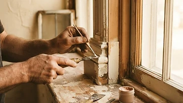 Careful restoration of an older home's original wood window trim beside a plaster wall